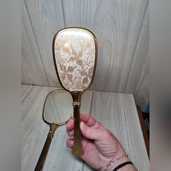 Vtg Handheld Victorian Vanity Dresser Mirror And Brush Set USA Made Gold Lace - Picture 5 of 6